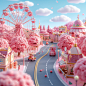 Top view, cartoon miniature scene, long distance, single light pink tone, daytime, high brightness, light pink ground, light pink buildings, light pink trees, pink tall ferris wheel, part of the sky, C4D style, cartoon cute style, simplicity, playground ,