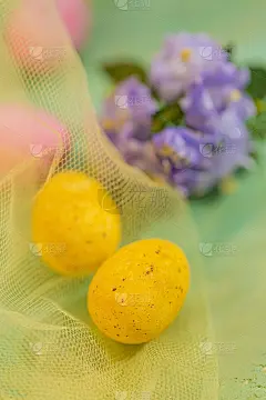 复活节贺卡、印刷及海报。节日的概念。甜美的黄色，粉红色的带有斑点的鸡蛋在透明的布里。花