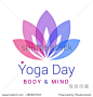 Colorful five-petals Lotus flower as symbol of yoga. Sample text - Yoga day, body and mind. Vector illustration for yoga event, school, club, web.