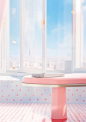 a blue and pink desk in a room with a view, in the style of opacity and translucency, tomàs barceló, perspective rendering, light red and white, miwa komatsu, polka dot madness, panorama