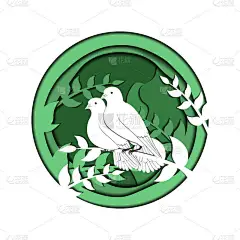 纸上的鸽子橄榄枝。矢量3D图解。绿色