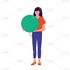 年轻女子手持圆形空白标志。通知和公告概念。矢量平面卡通插图。