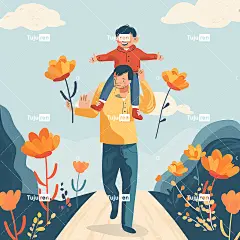 画中有一个可爱的小男孩和一位父亲海报