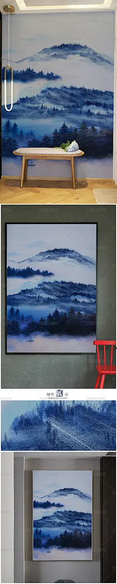 竖幅装饰油画玄关山水蓝调