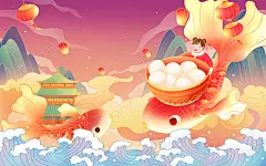 手绘喜庆国潮风节日元宵节锦鲤汤圆女孩插画海报背景元宵节插画