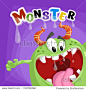 Cartoon poster with big screaming green moster. Halloween and other kids party decoration. Vector illustration.