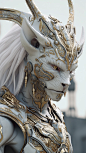 futuristic creature android, in the style of photorealistic detail, white and gold, manticore, lively facial expressions, yuan dynasty, cryengine, mechanical realism