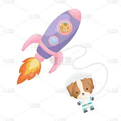 可爱的小猫在紫色的火箭里飞行。卡通狗角色在太空服装与火箭在白色背景。设计婴儿送礼会，邀请卡，墙壁装饰