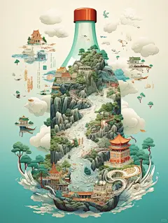 一瓶天地·中国山水画卷·酒水饮料包装插画 - 小红书