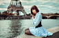 People 2048x1325 women portrait Lods Franck brunette open mouth blue dress sitting Paris Eiffel Tower Seine  looking at viewer corset Marie Grippon panty hose