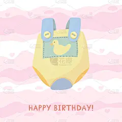宝宝生日贺卡。宝宝送礼会的请柬上有可爱的插图。矢量插图与婴儿服装在卡通风格。
