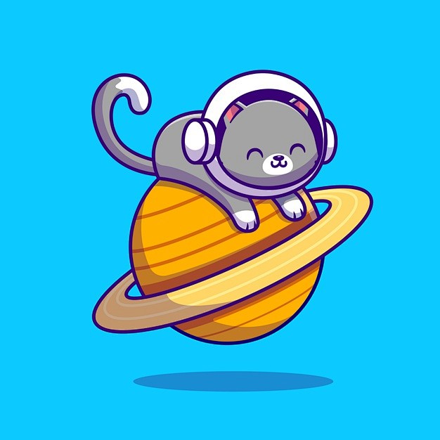 趴在星球上听音乐的可爱小猫咪手绘卡通矢量...
