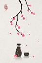 石家小鬼原创中国风二十四节气插画，商用请联系邮箱shijiaxiaogui@qq.com，未经允许严禁商用。桃花 梅花 酒