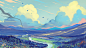 General 5120x2880 painting clouds sky landscape river trees mountains birds digital art drawing Hangmoon artwork