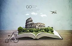 创意书中建筑风景城市名山岛屿斜塔名胜地标海报PSD设计素材277-淘宝网