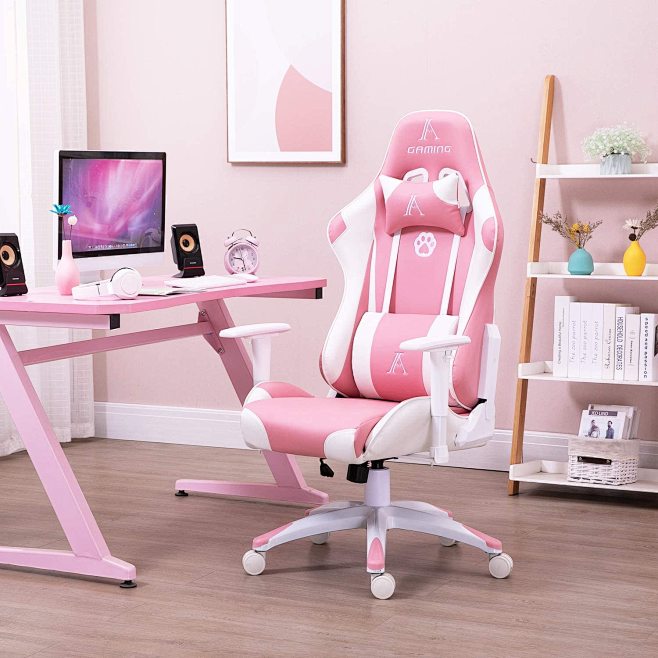 Amazon.com: AJS Pink PU Leather Computer Gaming Chair for Women, High ...