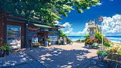 海边小店 树荫 鲜花 风景桌面壁纸