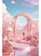 3D pink dreamy scene with flowers, clouds, lake surface, ladder, Rococo arch art architecture, surrealist style, minimalist art scene, romantic scene, bright colors, 4k, ultra-high quality, c4d modeling, glass material, OC renderer