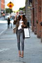 Barbora Ondrackova knows khaki and grey are on trend colors for fall 2016. She elongates her legs with nude heels.
Shirt: Topshop, Jacket: Zara, Jeans: Topshop, Heels: Christian Louboutin, Bag: Chloe, Hat: Topshop, Watch: Marc Jacobs, Bracelet:...