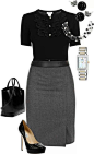 Black short-sleeve blouse, grey pencil skirt, black pumps -- work / professional outfit