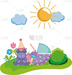 可爱的,小的,性格,河马,派对帽,儿童,婴儿,地形,华丽的,庆祝