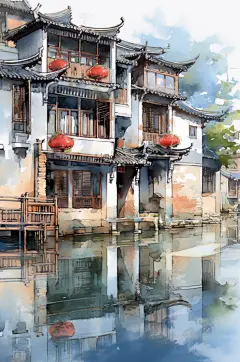 AI数字艺术水墨风徽派建筑江南水乡插画