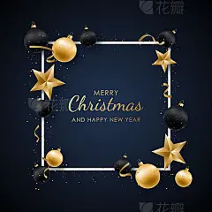 Happy New Year design with shiny golden and black balls, stars, serpentine and confetti on blue background. Realistic vector illustration.Happy New Year design with shiny golden and black balls, stars, serpentine and confetti on blue background. Realistic