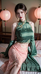  1girl, (Lace pink|green skirt:1.45), on Stomach, lying down, bed,aqua_earrings,Lights, lanterns, chang,(big breasts:1.55),hanfu, (antique cheongsam), (Chinese round fans), ll-hd, shidudou,(midi skirt:1.1), QIPAO