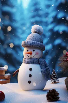 可爱冬天雪人植物树木素材图片