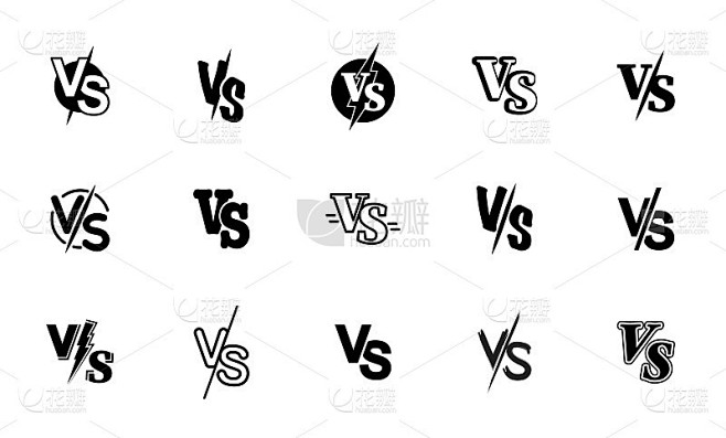 一组对比标志字母。VS VS字母图标的集合。VS字母表示运动，战斗，竞争，战斗，比赛，游戏。字母符号