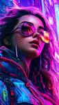 Cyberpunk CUTE& BEAUTIFUL girl filled with power, motivational, Colourful background, very detailed, bright ultra neon colours, high quality, high DPI, over 400 DPI, ultra high definition, art station, smooth, sharpness