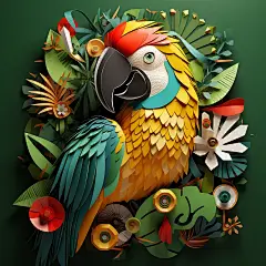 绿叶鹦鹉杂志封面，素描风格，纸雕