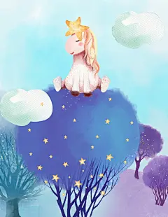 卡通唯美手绘梦幻风景插画女孩麋鹿鲸鱼森林梦境PSD模板设计素材