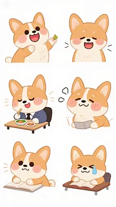 jimeng-2025-09-05-1806-一组柯基的表情包，各种表情，各种动作，各种表情，生气，高兴，郁闷，发愁，不同的情