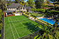 North Shore Backyard Design : Traditional planting  with tennis court and swimming pool