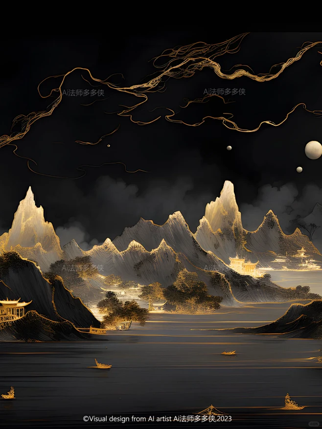 东方美学-鎏金山水|国风山水风景插画-花瓣网