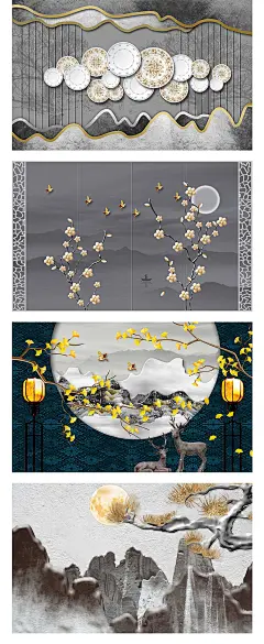 中国风古代建筑装饰画木制门窗屏风梅花山水风景海报PSD分层素材-淘宝网