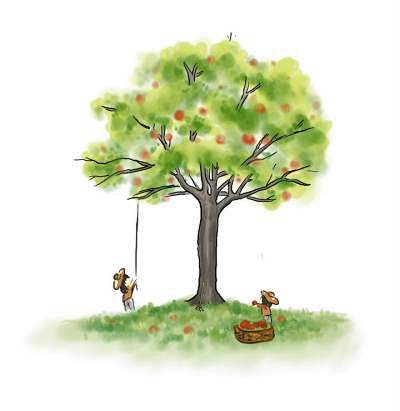 绿色水墨画风格果园苹果采摘苹果树免抠素材psd