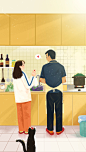 可爱温馨情侣生活做饭厨房浪漫插画 - 乌茶 - 原创作品 - 视觉中国(shijueME)
