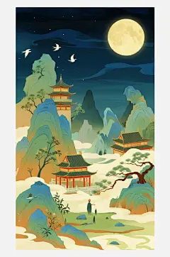 国潮中国风古风节气中秋山水插画