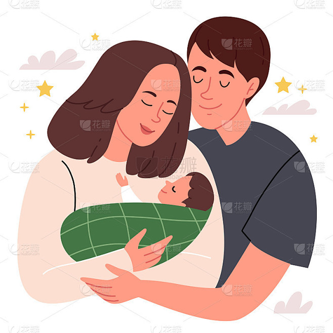 抱着孩子的年轻父母。幸福家庭的概念。为人父母。新生活的开始。平淡的插图在柔和的颜色。简单的手绘插图。