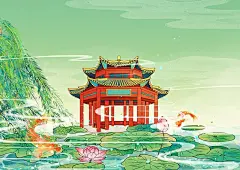 中国济南地标古建筑插画大明湖历下亭