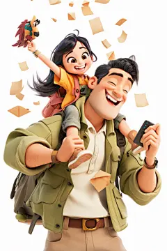 背着孩子的父女形象人物模型