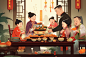 中式风格卡通新年年夜饭阖家团圆插画