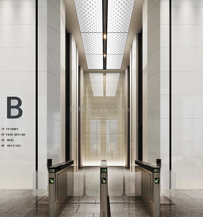 现代办公楼大厅接待区电梯间组合3D模型