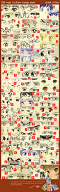 视觉志：来自漫画家Mark Crilley的100种眼睛画法，推荐给爱画画的朋友们。（972x3096，请点击大图查看细节）