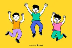 三个人跳跃着欢笑的表情包插画设计素材