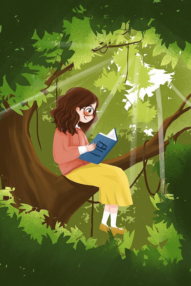 春季春天插画女孩坐树上看书小清新治愈