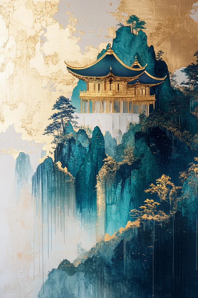 中式鎏金艺术山水画-花瓣网