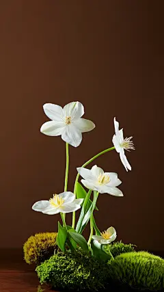 背景，产品背景，海报背景，自然元素，棕黄配色，花，苔藓，东方，简约，场景